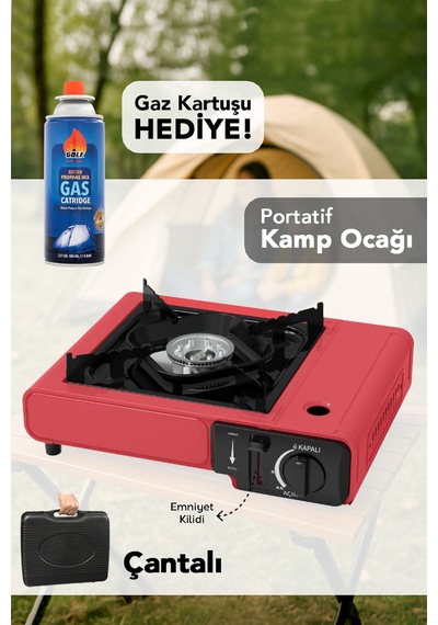 Portatif Kamp Ocağı - Taşıma Çantalı Gazlı Stop Emniyetli Kırmızı Kamp Ocağı Ve 1 Adet 227 Gr Kartuş Kırmızı