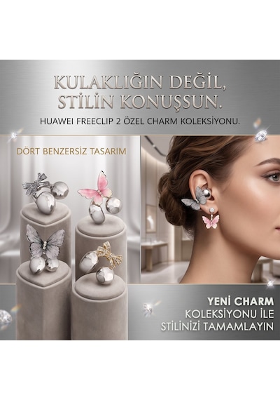 Caseonn Huawei Freeclip 2 İle Uyumlu Kulaklık Charmı Küpe Süsü Kelebek Gri 2 Adet Kulaklık Değildir