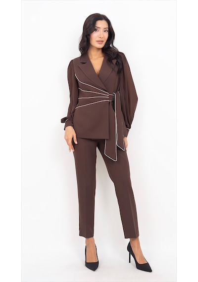 Dorne Moda Kadın Krep Taş İşlemeli Şifon Kollu Ceket Pantolon İkili Takım Siyah