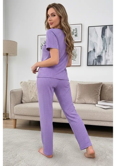 Bella Notte Lila Nakışlı Soft Kısa Kollu Yazlık Pijama Takımı Mor