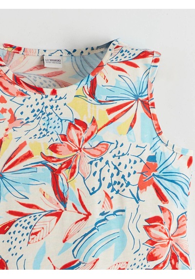 LC Waikiki Lcw Kids Bisiklet Yaka Kız Çocuk Elbise Ecru Prınted