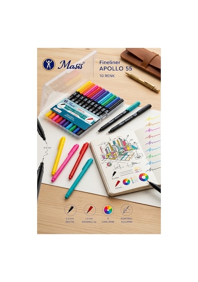 Fineliner 10 Lu Çift Taraflı İnce Uçlu Kalem 1 Paket Masis 10 Renk 04-1.0 Mm Keçe Uçlu Kalem Renkli İşaretleme Yazı