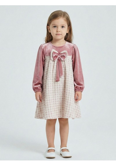 Xo Kids Kız Çocuk Fiyonk Detaylı Kadife Ve Ekoseli Kız Çocuk Elbise 3-7 Yaş 4414 Gülkurusu