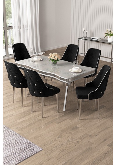 Canisa Vae Serisi 90x160 Lak Panel Beyaz Mermer Desen Krom Ayak Masa Takımı 6 Siyah Sandalye Beyaz Mermer Desen Masa Sandalyeler Siyah Canisa Vae Serisi 90x160 Lak Panel Beyaz Mermer Desen Krom Ayak Masa Takımı 6 Siyah Sandalye Beyaz Mermer Desen Masa Sandalyeler Siyah