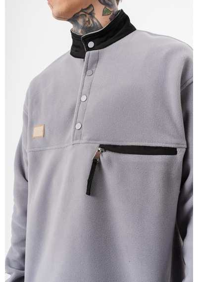 Respire Erkek Düğme Detaylı Oversize Polar Sweatshirt Gri
