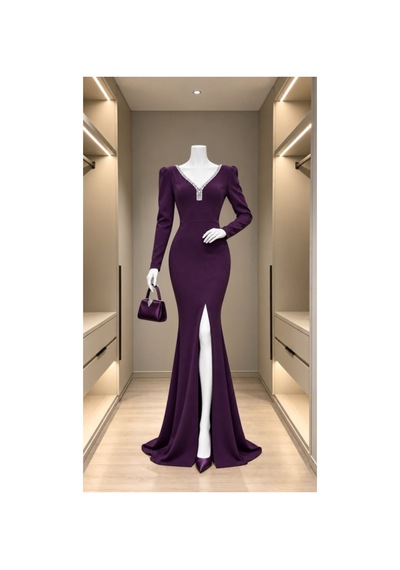 Butik İstanbul Kadın V Yaka Kristal Taş İşlemeli Vatkalı/büzgülü Omuz Yırtmaçlı Balık Abiye Elbise Mor Butik İstanbul Kadın V Yaka Kristal Taş İşlemeli Vatkalı/büzgülü Omuz Yırtmaçlı Balık Abiye Elbise Mor