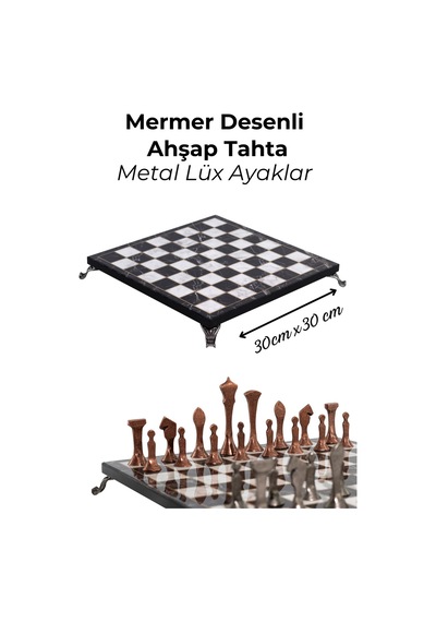 Mc74 Metal Satranç Takımı - Mermer Desenli 30x30cm Ahşap Tahta - Büyük Boy Taş - Lüks Hediyelik