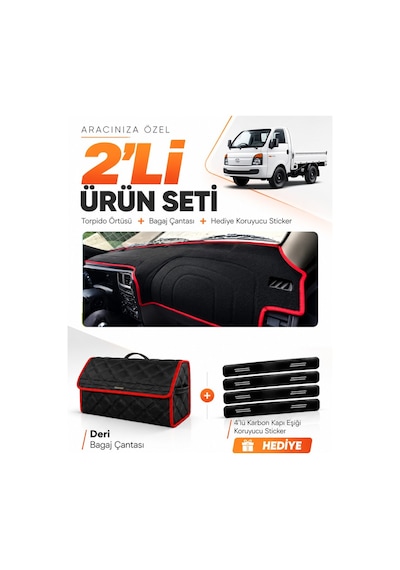 E-biz Hyundai H100 2020-2024 Uyumlu Torpido Örtüsü + Deri Bagaj Çantası - Siyah-kırmızı - Hu023