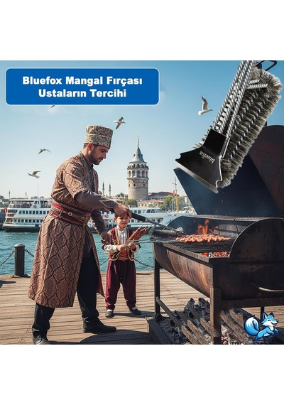 Ayrex Paslanmaz Çelik Izgara Mangal Temizleme Fırçası / Kazıyıcılı, 360º Kapsamlı, 3 Başlı, Ergonomik Tutaca