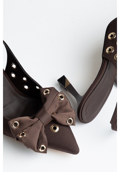 Kadın İnce Topuklu Stiletto Kahverengi Saten Fiyonklu-4690 Kahve Cilt