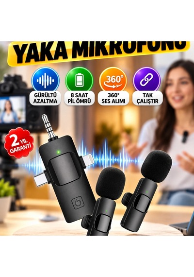 Kablosuz Yaka Mikrofonu Gürültü Azaltma, 8 Saat Pil, 360 Ses Alımı