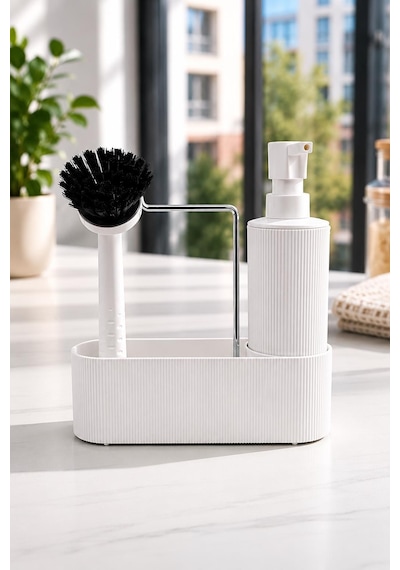 Mutfak Lavabo Düzenleyici Sıvı Sabunluk Ve Fırça Seti Beyaz Organizer