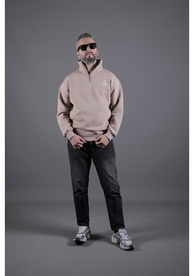 Dik Yakalı Parçalı Erkek Sweatshirt Krem