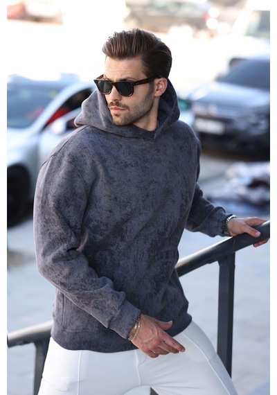 Madmext Füme Desenli Kapüşonlu Erkek Sweatshirt E7167 Füme