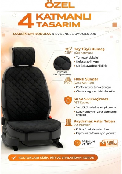 Oto Koltuk Kılıfı Tay Tüyü Tekli Ön Minder 4 Katmanlı Terletmez Airbag Uyumlu - Siyah