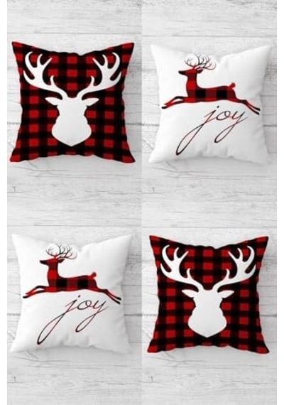 Yılbaşı Christmas Geyik Desen Gizli Fermuarlı Kırlent Kılıfı Koltuk Yastık Kılıfı Takım 4adet , Kırmızı-beyaz-siyah 45 X 45 Açık Indigo