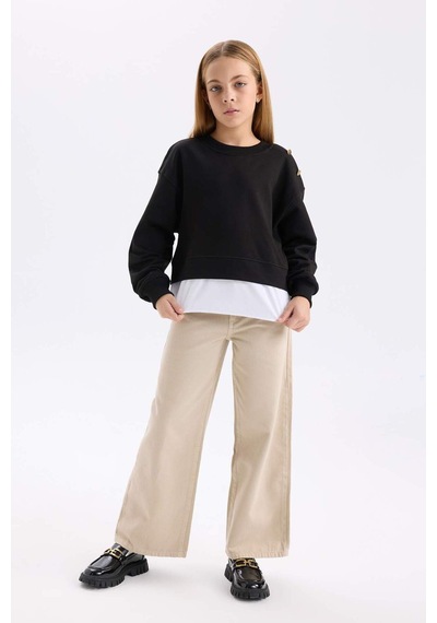 DeFacto Kız Çocuk Relax Fit Bisiklet Yaka Etek Ucu Detaylı Sweatshirt D0703A824AUBK81 Siyah