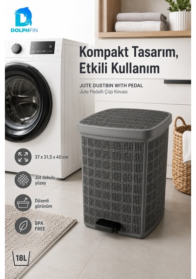 Jute Pedallı Çöp Kovası Kapaklı Büyük Boy Plastik Banyo Mutfak Ofis Atık Kovası 37x31,5x40 Cm Siyah