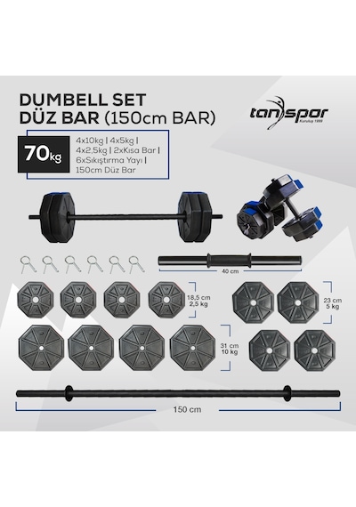 Tan Spor 70 KG Dambıl Halter Ağırlık Fitness Düz Bar Seti Kırmızı Kapaklı 150 CM