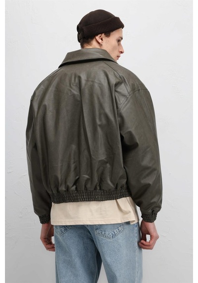 Vamos Oversize Deri Bomber Ceket Haki