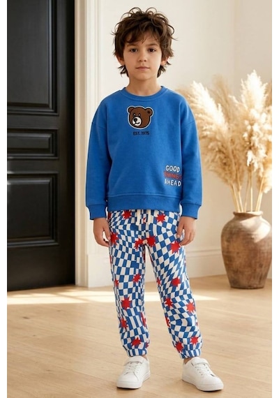 Mamy Kids Erkek Çocuk Ayıcık Baskılı Sweat Ve Damalı Eşofman Takım Mavi