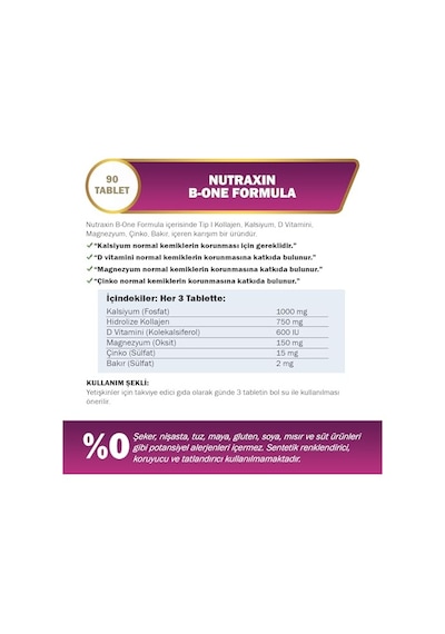 Nutraxin Bone Formula Calcium Magnesium + Collagen 90 Tablet: Tip I Kolajen, Kalsiyum, D Vitamini, Magnezyum, Çinko & Bakır İçeren Takviye
