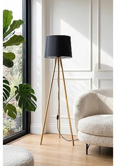 Woody Tripod Siyah Kumaş Zemin Lambaderi, Kumaş Başlıklı Ayaklı Lamba Ve Salon Oturma Odası Aydınlatması - Modern Dekoratif Yer Lambası Diğer