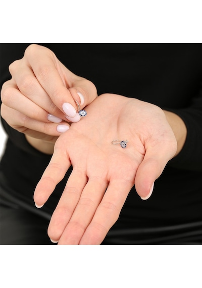 Tesbihane Mavi Beyaz Zirkon Taşlı Çiçek Tasarım Silver Renk 925 Ayar Gümüş Küpe