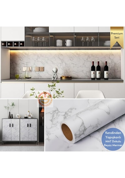 Technosmart 60x100cm Mat Mermer Desenli Kendinden Yapışkanlı Duvar Kağıdı Kaplama Mutfak Masa Folyo Beyaz