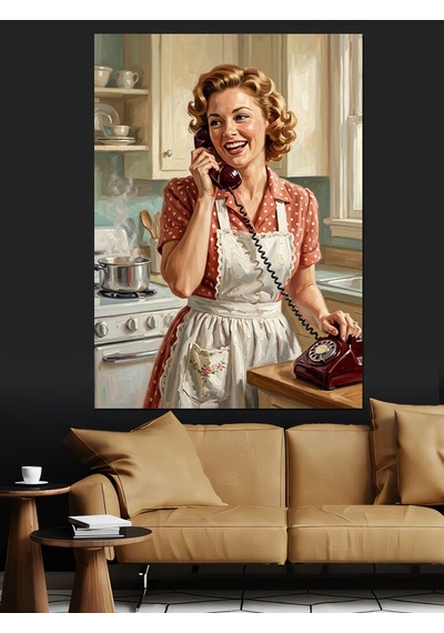 Mutfakta Telefonla Konuşan Nostaljik Kadın Dekoratif Kanvas - Mdf Ahşap Tablo