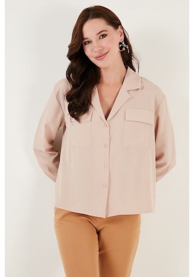 Lela V Yaka Çift Cepli Regular Fit Dokuma Bayan Gömlek 611Go00016 Taş