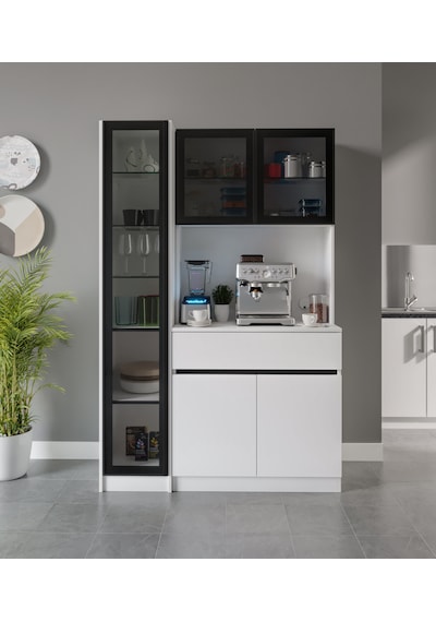 Moon Midi Sol Vitrinli Kahve Köşesi Komple Mdf Led Mutfak Dolabı Beyaz