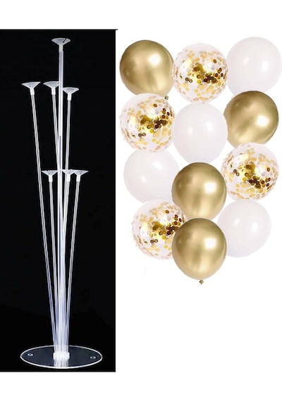 7'li Balon Standı Ve 10 Adet Gold-beyaz-şeffaf Konfetili Balon Set