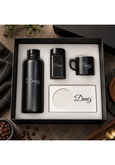 Bk Gift Kişiye Özel İsimli Siyah Cam Suluk & Kahve Fincanı & Türk Kahvesi & Mdf Bardak Altlığı - Hediye Kutulu Siyah Set-2