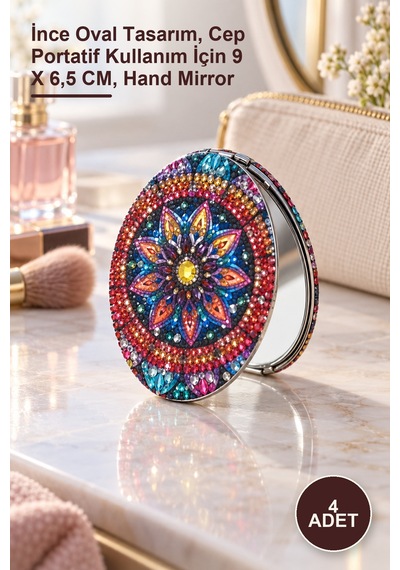 4 Adet Taşlı El Aynası İnce Oval Tasarım, Cep Portatif Kullanım İçin 9 X 6,5 Cm, Hand Mirror