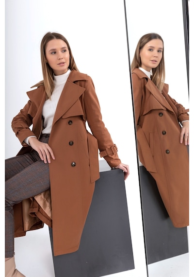 Pastelastore %100 Pamuk Gabardin Uzun 110cm Astarlı Kemerli Kadın Trençkot 1111 Taba