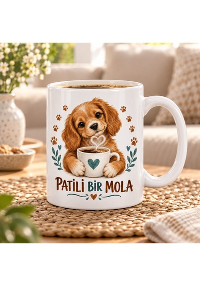 Patili Bir Mola Sevimli Köpek Ve Kahve Tasarımlı Porselen Kupa Diğer
