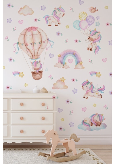 Unicorn Duvar Sticker Seti 125 Parça Balonlu Gökkuşağı Ve Uçan Unicorn Çocuk Odası Duvar Süsü Dijital Baskı