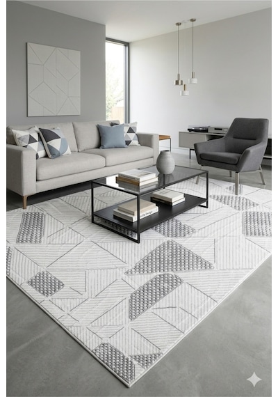 Modern Geometrik Desenli Gri Beyaz Halı İskandinav Tarz Kaymaz Taban Oturma Odası Fch3023 Gri