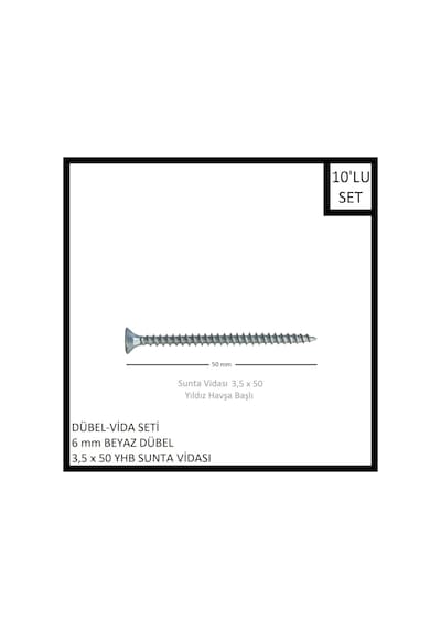 Dübel-vida Seti, Beyaz Dübel 6 Mm, 3,5x50 Yhb Sunta Vidası, 10 Adet