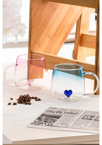 Dream Love Hearts 400ml Romantik Kalp Tasarımlı 2'li Renkli Borosilikat Cam Kupa Seti Çok Renkli, Pbt-707 Beyaz - Çok Renkli