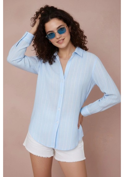 Rovebella Capri Çizgili Oversize Keten Gömlek Mavi