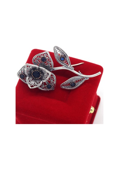 Safir Taşlı Zambak Model Telkari Gümüş Kadın Broş 201025412 Gümüş