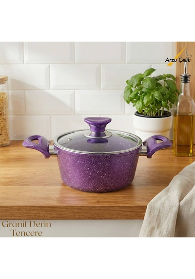 18 Cm Granit Derin Tencere Cam Kapak - Violet Violet