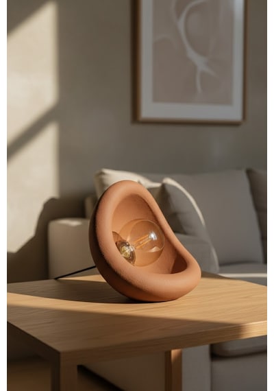 Modern Beton Dokulu Abajur Organik Oval Gece Lambası Masaüstü Komodin Lambası 25 Cm Kahverengi