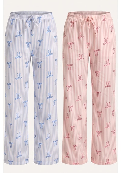 Siyah İnci 2'li Fiyonk Desenli Yumuşak Tuşe Kışlık Örme Tek Alt Pijama Altı 8074 Somon Mavi Fiyonk