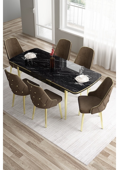 Canisa Concept Tia Serisi 80x132 Mdf Açılabilir Siyah Mermer Desen Gold Detay Masa Takımı Ve 6 Kahverengi Sandalye Masa Siyah Mermer Desen Sandalye Kahve Canisa Concept Tia Serisi 80x132 Mdf Açılabilir Siyah Mermer Desen Gold Detay Masa Takımı Ve 6 Kahverengi Sandalye Masa Siyah Mermer Desen Sandalye Kahve