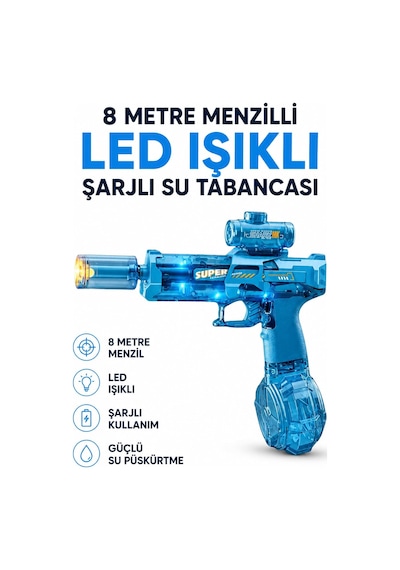 Oyuncak Şarjlı Led Işıklı Su Tabancası 8 Metre Menzilli Otomatik Su Püskürtmeli Büyük Hazneli Elektrikli Su Tabancası 350 Ml