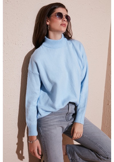 Lela Premium Oversize Fit Balıkçı Yaka Yumuşak Dokulu Triko Bayan Kazak 680Kz00469 Bebe Mavi