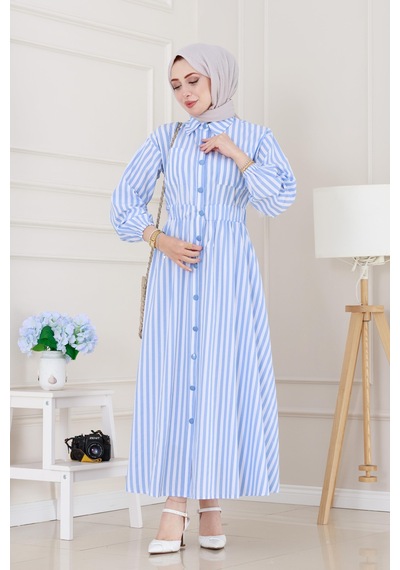 Sevitli Çizgili Cepli Tesettür Elbise-mavi-5137 Mavi
